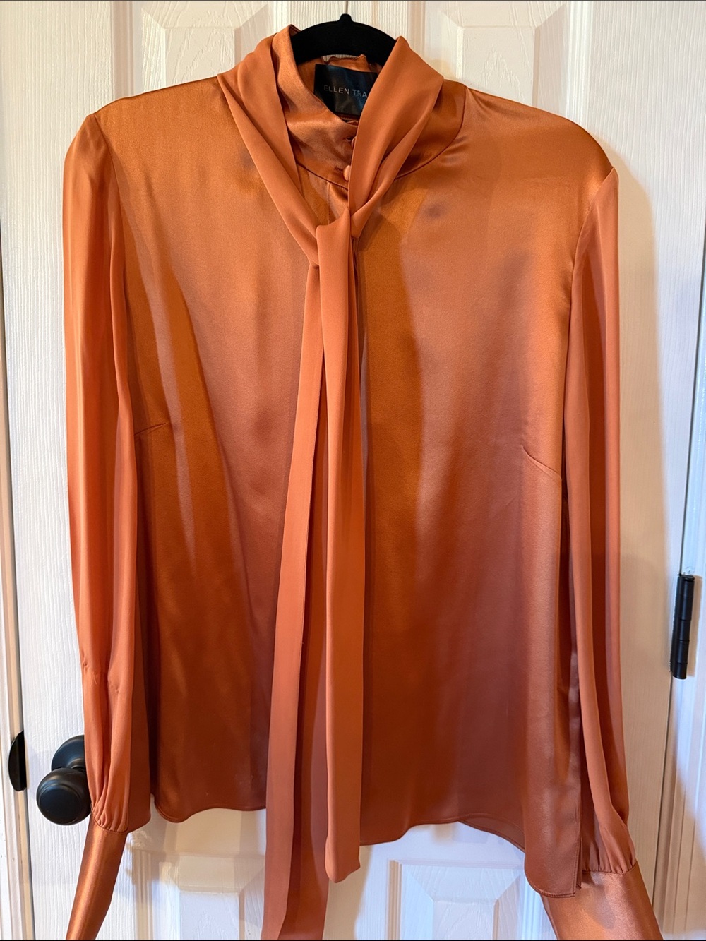 Ellen Tracy Rust Orange Satin Tie-Neck Blouse